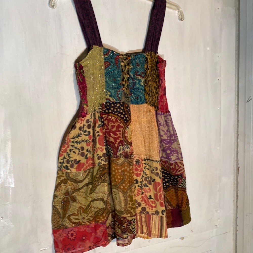 Indigo Blue Patchwork Boho Cotton Bling Sz L Festival Top